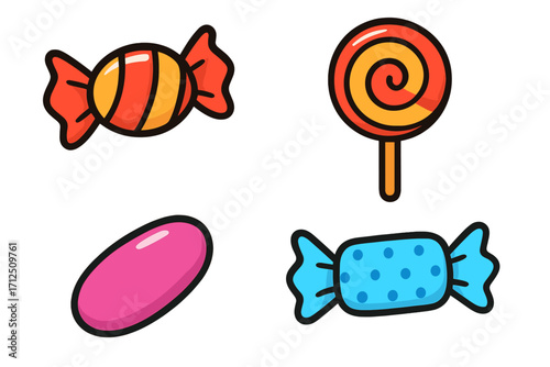 Candy vector icon set. Sweet food collection. Cartoon illustration of colorful lollipop, bonbon, dessert, and jellybean. Sugar graphic elements. Isolated sweets for party.