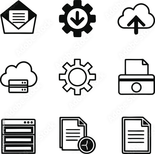 data, document, cloud, server, management, icon, set, technology, internet, web, online, business, storage, file, transfer, settings, database, system