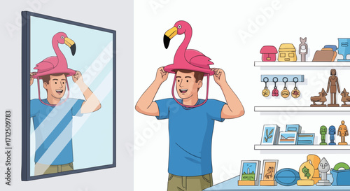 Young man trying on a funny flamingo hat in front of a mirror at a novelty store.