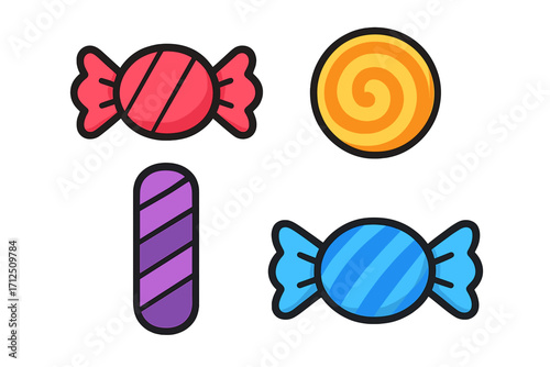 Set of colorful candy vector icons. Cartoon illustration of various sweets, bonbons, and lollipops. Flat design graphic elements for sugar, dessert, and sweet food concepts.