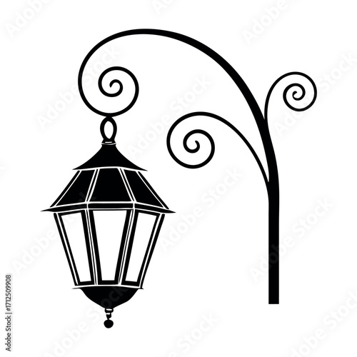 Vector art illustration of a vintage antique iron street lamp on a town post