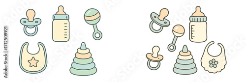 Cute baby accessories including pacifiers, bottles, and toys arranged in a playful design for a nursery or baby shower theme