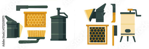 Essential beekeeping tools for honey extraction and hive maintenance in a modern apiary setup