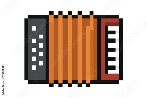 Pixel art accordion icon. Retro 8-bit video game musical instrument. Squeezebox vector illustration. Folk music concertina graphic symbol. Sound and melody design asset.