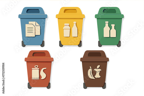 Colorful recycling bins for waste separation in a modern kitchen setting