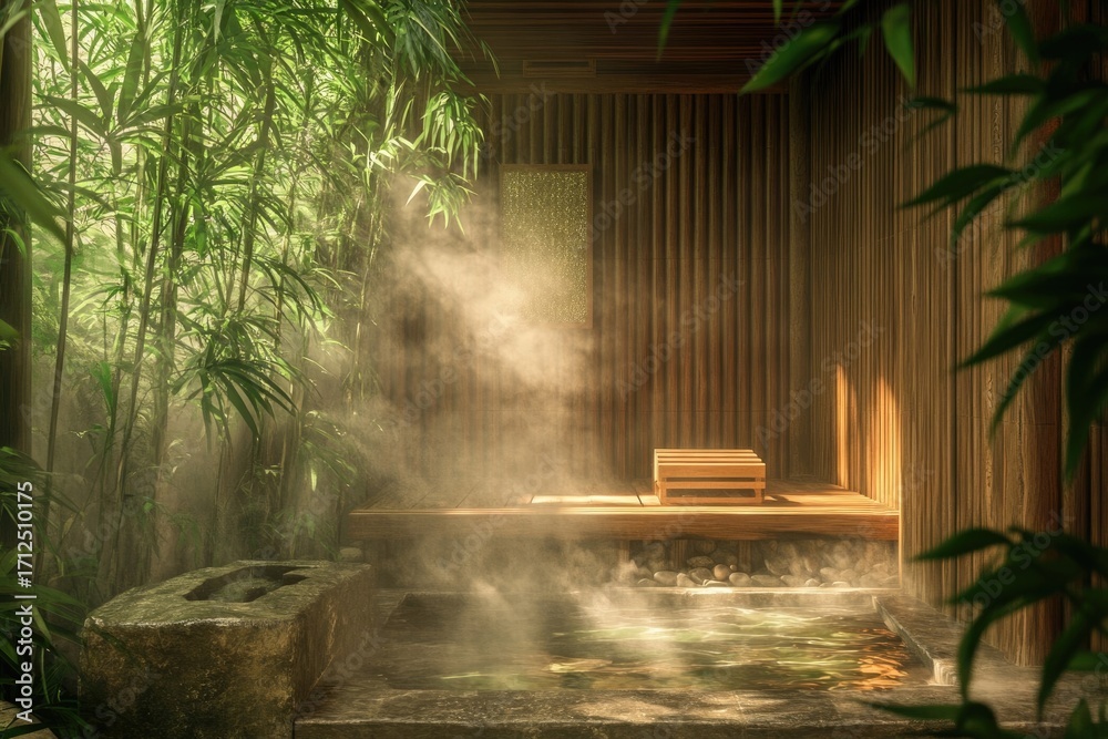 Fototapeta premium Serene Japanese onsen with steam rising from the water, surrounded by bamboo and wooden architecture, evoking tranquility and relaxation.