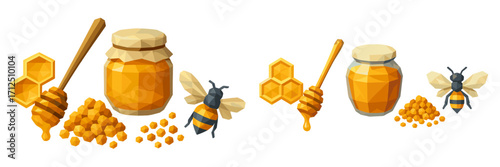Bright honey jars with bees and honeycombs at a sunny garden in a colorful, playful style