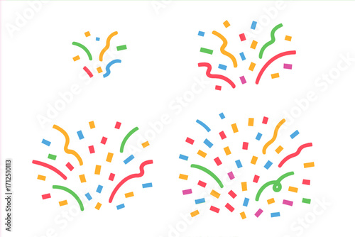 Confetti burst vector set. Celebration party popper explosion. Colorful flat icon collection for carnival, birthday, festival. Winner congrats design element. Isolated illustration.