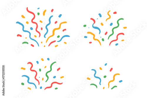 Confetti burst vector set. Celebration party popper explosion. Festive carnival background element. Happy birthday surprise decoration. Winner success fireworks icon collection.