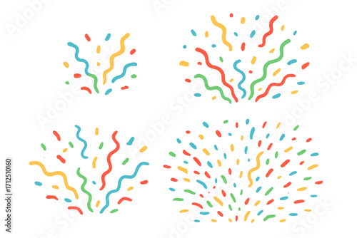 Confetti burst vector elements set. Flat cartoon illustration for party popper explosion. Festive design for birthday, celebration, carnival, and new year. Winner surprise graphic.