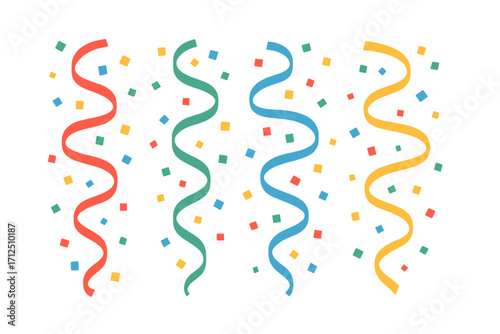 Colorful confetti and streamer set for celebration. Party popper explosion effect. Festive design element for birthday, carnival, or holiday. Flat vector illustration isolated.