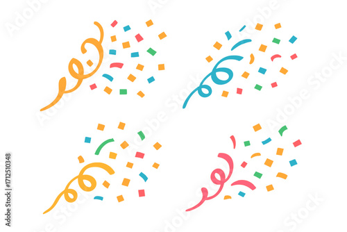 Colorful confetti popper explosion vector set. Streamers for celebration, birthday, and holiday party. Flat design element illustration. Festive carnival surprise icon.