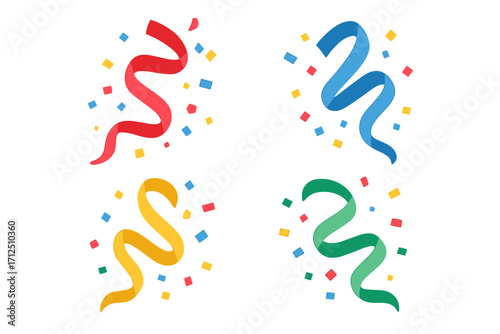 Colorful confetti and streamers vector set. Party popper explosion elements for celebration. Flat cartoon illustration for birthday, holiday, anniversary, and festival design.