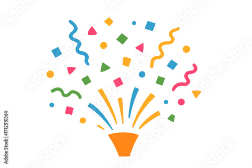 Vector confetti popper explosion icon. Flat cartoon illustration of festive party cracker. Colorful firework for birthday, New Year celebration, anniversary, and carnival fun.