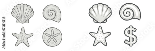 Diverse collection of ocean-themed elements featuring seashells, starfish, sand dollar, and a dollar currency symbol