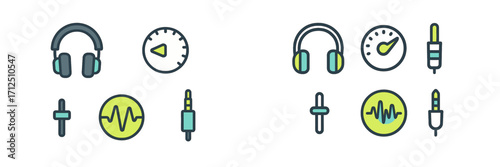 Modern digital audio interface elements with headphones, volume control, sound wave, and audio jack connectors