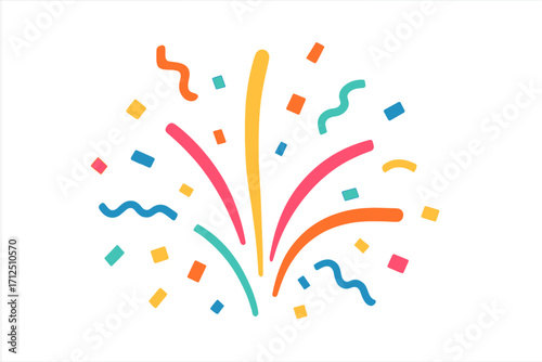 Colorful confetti splash vector. Festive party popper explosion. Flat cartoon illustration for birthday, carnival, or anniversary. Celebration surprise design element.