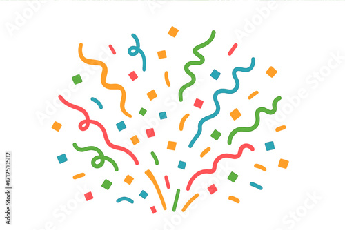 Colorful confetti explosion vector illustration. Flat design party popper splash for celebration, birthday, or festival. Festive carnival background element on transparent.