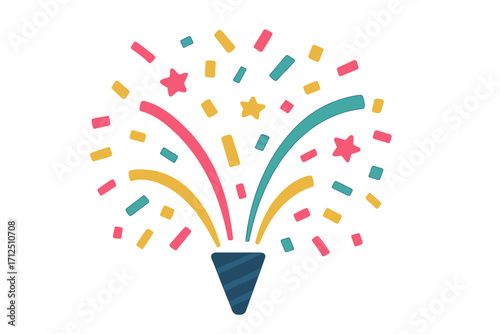 Confetti explosion from a party popper. Festive vector illustration for birthdays, holidays, and celebrations. Flat design firecracker icon with colorful streamers and stars.