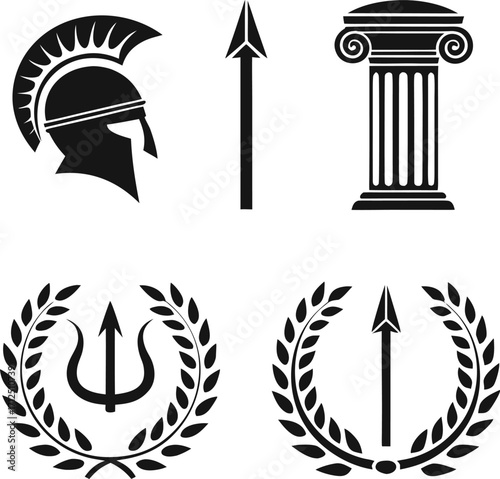 greek, roman, ancient, spartan, gladiator, icon, set, silhouette, history, mythology, warrior, soldier, military, symbol, helmet, spear, column, trident