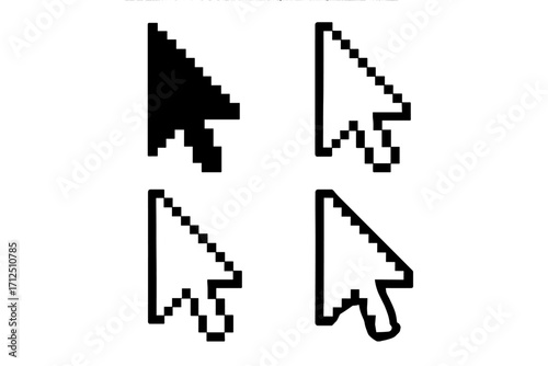 Pixel cursor arrow icon set. Computer mouse pointer collection. Retro 8-bit graphic for web design. GUI click and select interface sign. Simple vector illustration.