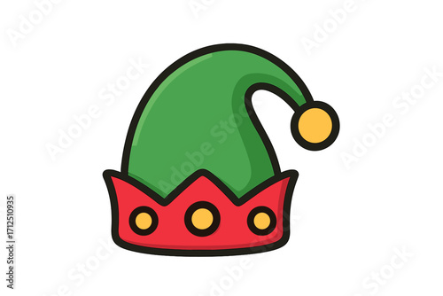 Elf hat icon for Christmas decoration. Santa's helper cap symbol. Cute festive cartoon vector illustration. Holiday costume element. Green and red winter season graphic.