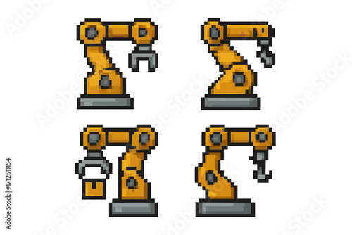 Pixel art robot arm icon set. 8-bit style vector illustration for factory automation. Industrial robotic manipulator for manufacturing, technology, and machinery concepts.