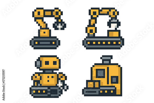Industrial robot pixel art icon set. Yellow factory automation machinery, robotic arm, android character, and manufacturing equipment vector illustration for technology concepts.