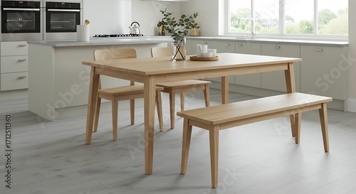 Modern Light Oak Dining Set - Table, Bench  Chairs in Bright Kitchen.