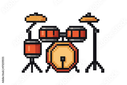 Pixel art drum kit icon. 8 bit graphic of a musical instrument. Retro digital illustration of a rock band percussion set. Sound, music, and concert symbol for video games.