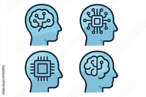 Artificial intelligence icon set. Human head profile with brain, CPU and computer chip. Machine learning, deep learning, cyborg and technology concept vector symbol pack.