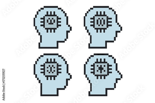 Pixel art head icon set with AI chip. Artificial intelligence symbol. Vector concept for machine learning, technology, mind, cyborg, CPU processor, and deep learning.