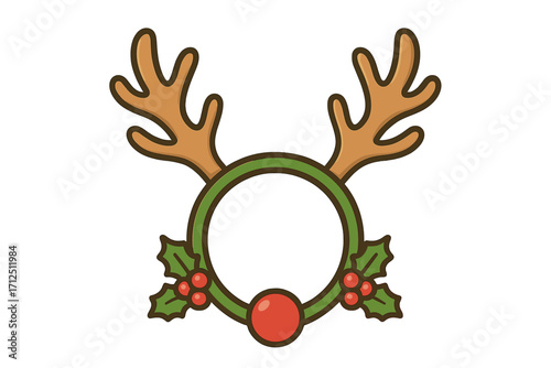 Funny reindeer antlers headband icon. Christmas party costume accessory with red nose and holly. Cute cartoon vector illustration for winter holidays. Festive seasonal element.