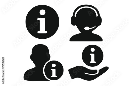 Information icon set vector. Customer support and service symbol. Help desk, call center operator, faq and guide concept. Silhouette user with headset illustration.