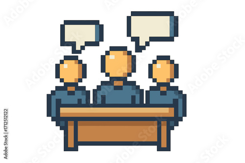 Pixel art icon of a business meeting or panel discussion. Three people sitting at a table talking. Jury, committee, and teamwork concept. Vector cartoon illustration.