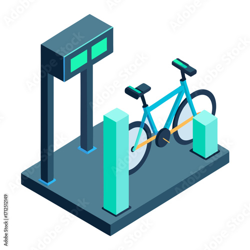 Isometric Smart Bicycle Charging Station and Electric Bike Parking Hub with Digital Kiosk