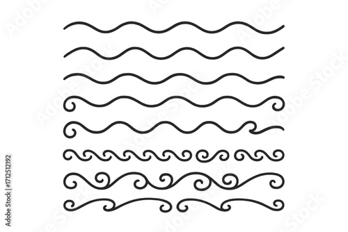 Wavy lines and ornament borders set. Hand drawn doodle underline strokes. Vector calligraphic dividers. Swirl flourish page decoration elements. Simple wave shape illustration.