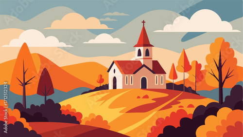 A quaint church on a hill surrounded by a kaleidoscope of vibrant fall foliage a peaceful haven amidst the chaos of the season.