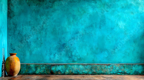 A yellow ceramic pot against a teal textured wall