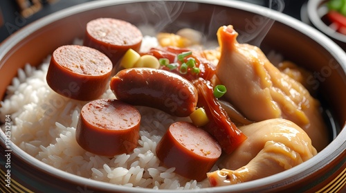 A close-up rice dish served with succulent pork sausage and tender chicken, meticulously arranged in a traditional clay pot, showcasing the vibrant colors and textures of Chinese cuisine