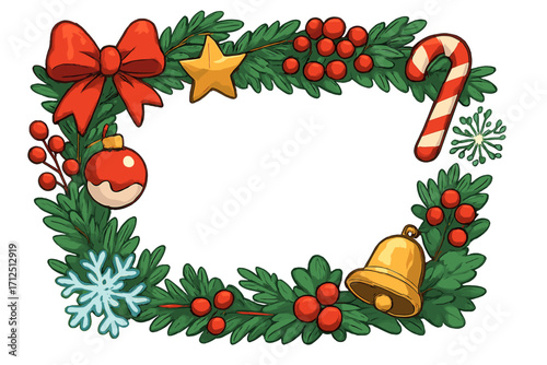Christmas holiday frame with winter decorations. Cartoon vector illustration of a pine wreath with bow, star, candy cane, bell, and berries. Festive border design element.