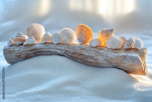 Seashells arranged on driftwood against a sandy background with soft lighting, creating a serene and beachy atmosphere.