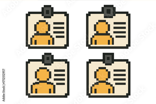 Pixel art ID card icon set. 8-bit retro style vector illustration of a profile identification badge. User avatar symbol for security, employee access, or membership account.