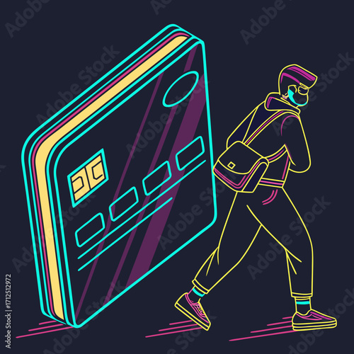 Man walking away from a giant credit card with neon lights around it