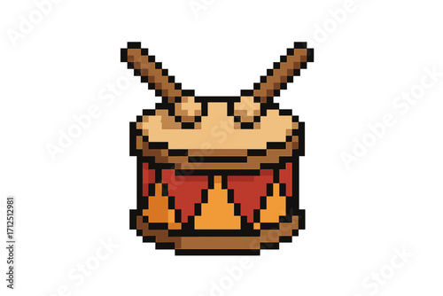 Pixel art drum with drumsticks. 8-bit music instrument icon for retro video games. Vector cartoon illustration of a percussion object for creating rhythm, beat and sound.