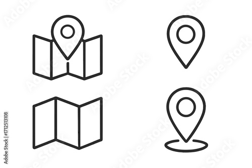 Map location pin icon set. GPS navigation pointer and destination marker. Travel route and journey guide symbol. Linear outline vector illustration for web and mobile apps.