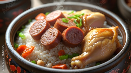 A close-up rice dish served with succulent pork sausage and tender chicken, meticulously arranged in a traditional clay pot, showcasing the vibrant colors and textures of Chinese cuisine