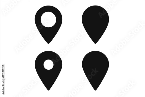 Set of map pin icons. Location marker symbol collection. GPS navigation pointer for destination. Vector graphic silhouette for web, app, and travel design. Geolocation place tag.