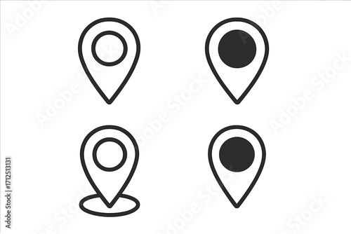 Location pin icon set. Map pointer, marker symbol for navigation. Destination, address, and position sign. GPS geotag for web design, UI, mobile app. Vector line art pictogram.