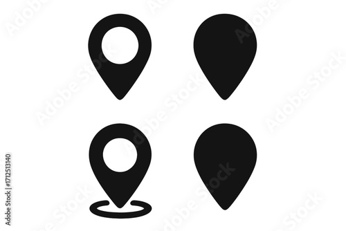 Set of map location pin icons. Black silhouette vector symbols. GPS navigation pointer, destination marker for web and mobile apps. Geolocation tag and place sign collection.